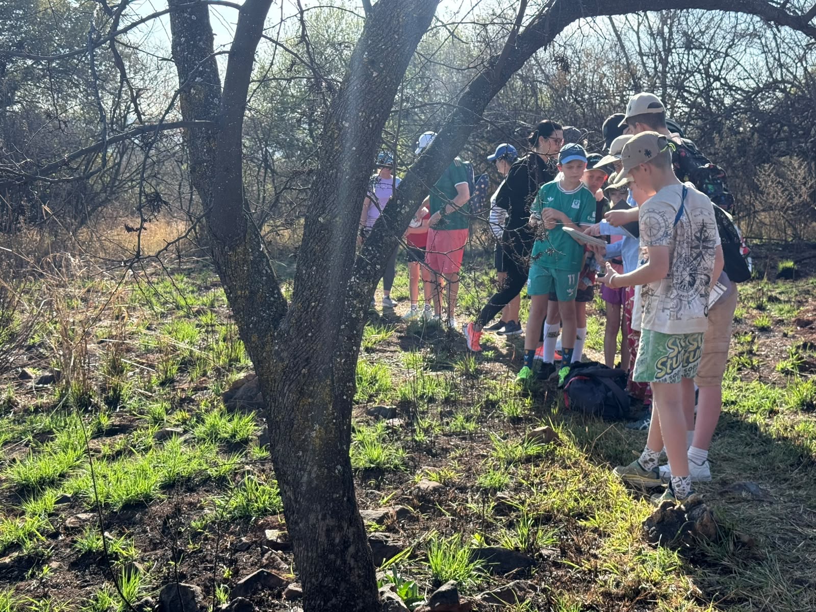 The group exploring a rocky grassland viewpoint